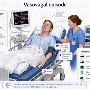 May include: An educational medical illustration titled Vasovagal episode showing a patient in a hospital bed with a nurse, a vital signs monitor, and an endoscopy suite. Text labels identify triggers, symptoms like dizziness, pallor, and nausea, and immediate response steps.