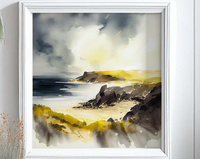 Cornwall Beach Abstract Landscape Seascape Print of the Cornish Coastline.  Watercolour Painting of the Sea
