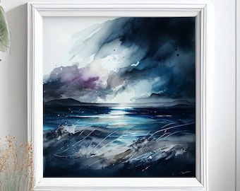 Abstract Seascape Watercolor Print: Dramatic Ocean Painting