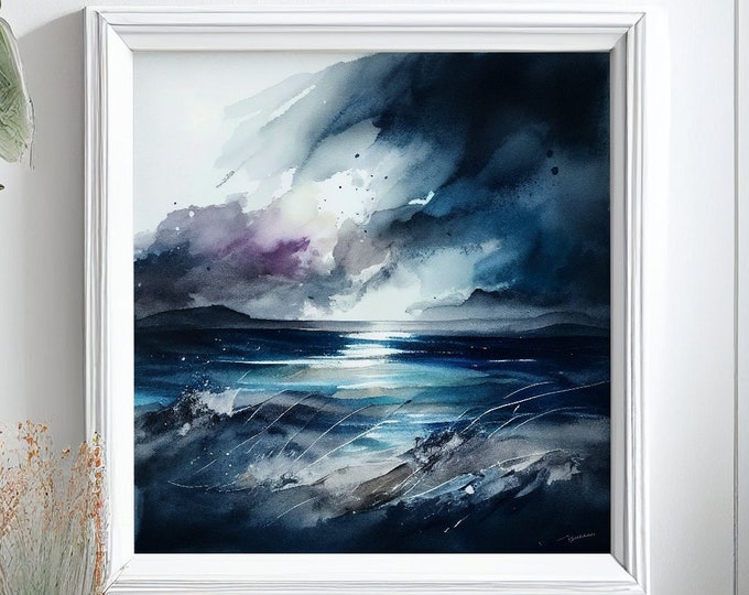 Abstract Seascape Watercolour Painting, Watercolour Ocean Painting, Large Abstract Sea Painting, Dramatic Seascape