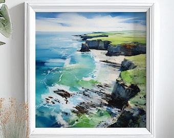 Pembrokeshire Coastline Watercolour Painting: Wales Landscape Art Print