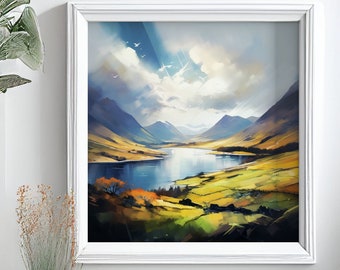 Lake District Landscape Abstract Watercolour Painting Large Wall Art Prints, Lake Extra Large Painting, Wall Art