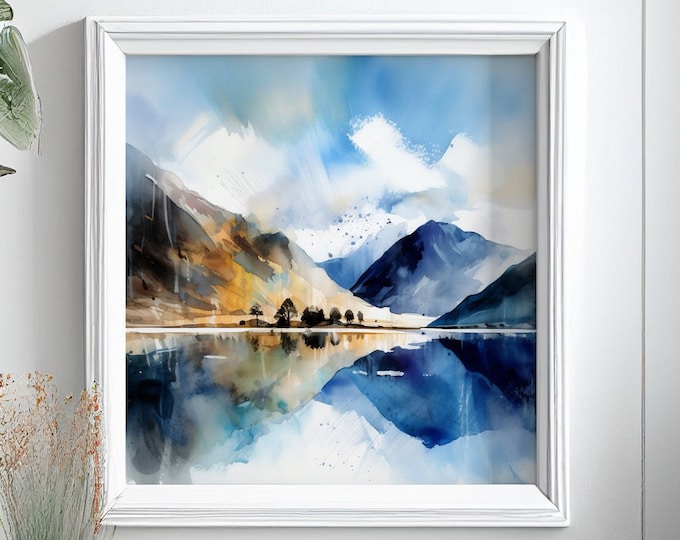 Lake District Abstract Landscape Watercolour Painting Large Wall Art Prints, Lake Extra Large Painting, Wall Art