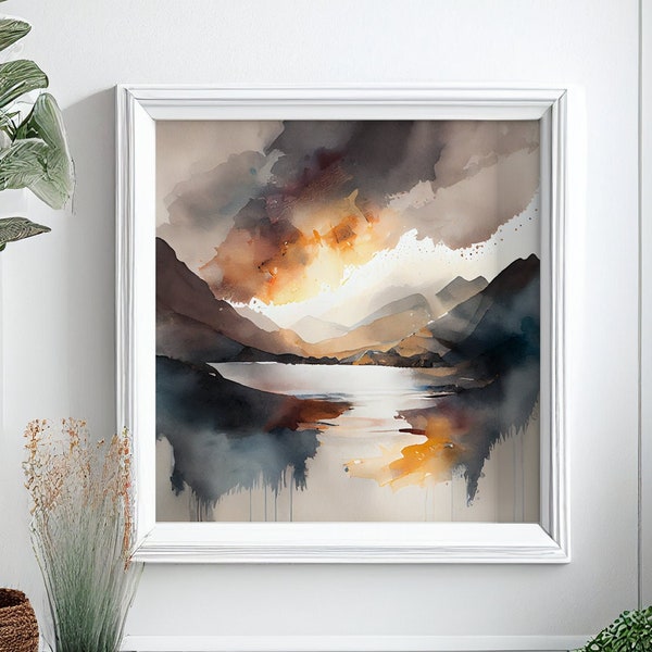 Lake District Abstract Landscape Watercolour Painting Large Wall Art Prints, Lake Extra Large Painting, Wall Art