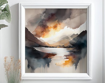 Lake District Abstract Landscape Watercolour Painting Large Wall Art Prints, Lake Extra Large Painting, Wall Art