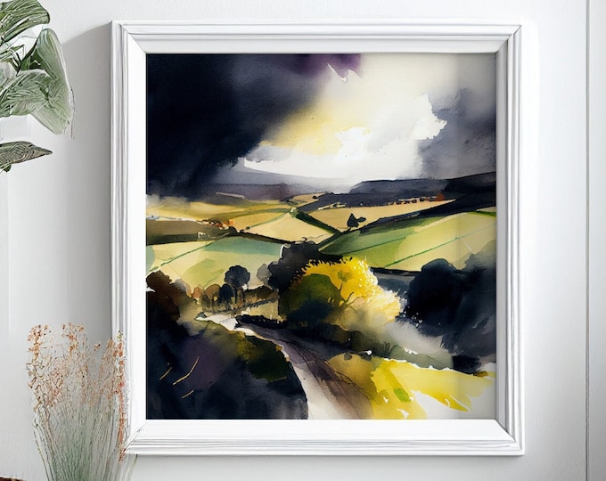 Cotswolds Landscape Print - Watercolour Painting Large Wall Art Prints, Large Cotswold Landscape Painting,