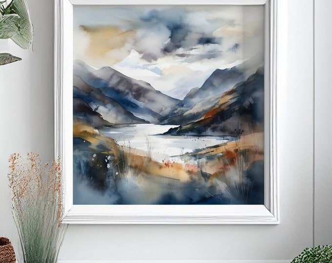 Lake District Abstract Landscape Watercolour Painting of Thirlmere Large Wall Art Prints, Lake Extra Large Painting, Wall Art