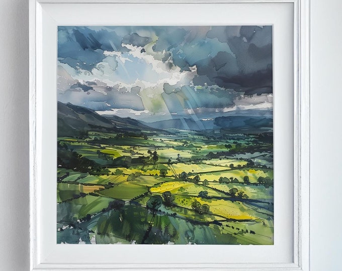 Southdowns Landscape Painting Print Large Abstract Dramatic Landscape Watercolour Paper Print or Canvas