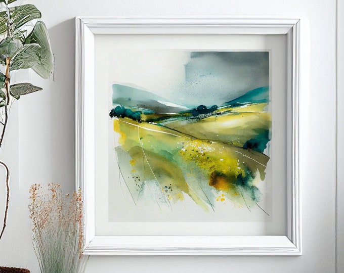 Abstract Landscape Watercolour Painting, Large Wall Art Prints, British Countryside, Large watercolour Painting, Wall Art