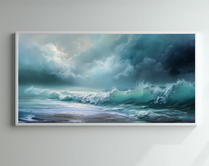 Cornwall Wave Abstract Blue Ocean Living Room Wall Art | Modern Coastal Home Decor