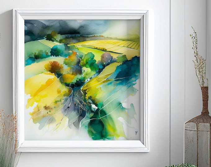 Abstract Landscape Watercolour Painting, Large Wall Art Prints, South Downs Countryside, Extra Large Painting, Wall Art