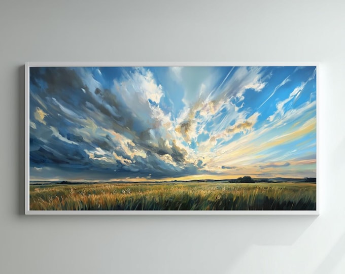 Sussex Wheat Field Impressionist Blue Sky Living Room Wall Art | Warm Tones Home Decor