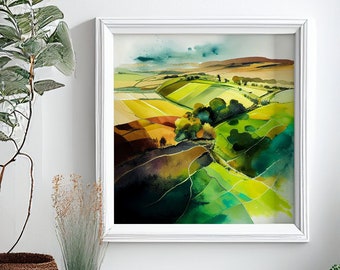 Abstract Landscape Watercolour Painting, Large Wall Art Prints, South Downs Countryside, Extra Large Painting, Wall Art