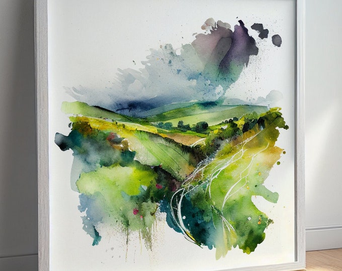 Abstract Landscape Watercolour Painting, Large Wall Art Prints, South Downs Countryside, Extra Large Painting, Wall Art
