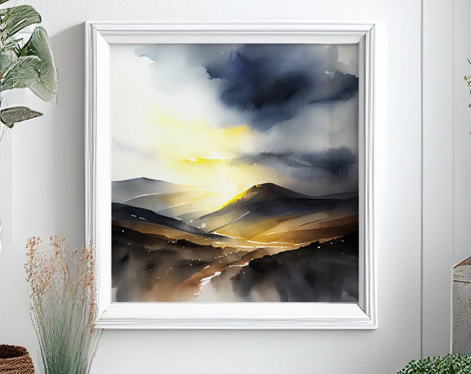Brecon Beacons Abstract Landscape Watercolour Painting  - Large Wall Art Prints, Large Welsh Landscape Painting,