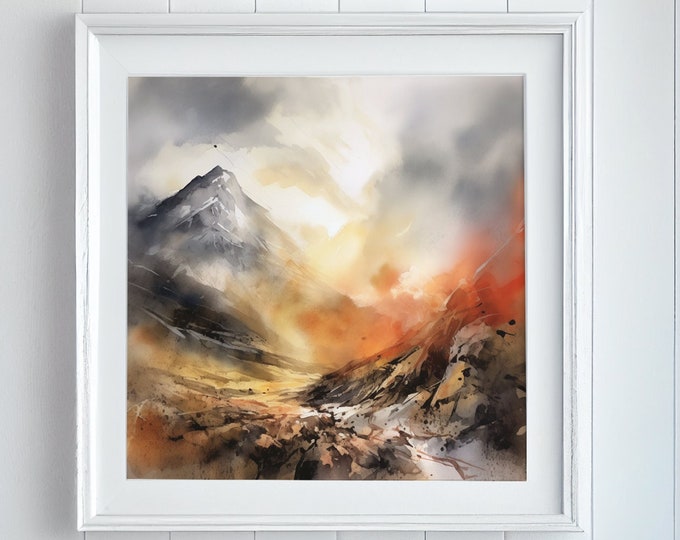 Ben Nevis Abstract Landscape Painting Print, Lake Extra Large Painting Print of Ben Nevis in Scotland, 3 Peaks Challenge Gift Wall Art