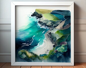 Abstract Seascape Watercolour Painting of the Cornish Coastline, Watercolour Ocean Painting, Large Cornwall Abstract Sea Painting, Dramatic