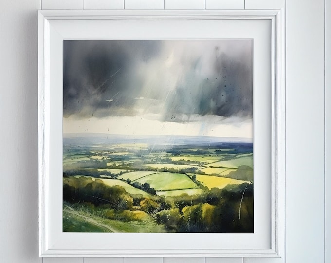 South Downs National Park after a Storm Print - Abstract Landscape Watercolour - Print of the South Downs
