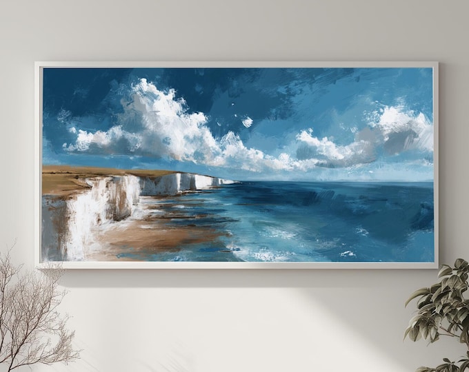 Birling Gap Cliffs Impressionist Blue Living Room Wall Art | Coastal Canvas Print