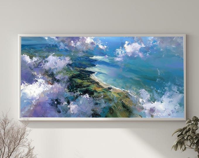 Cornwall Coast Abstract Blue Landscape Living Room Wall Art | Modern Ocean Home Decor