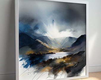 Lake District Abstract Landscape Watercolour Painting Large Wall Art Prints, Lake Extra Large Painting, Wall Art