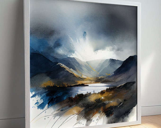 Lake District Abstract Landscape Watercolour Painting Large Wall Art Prints, Lake Extra Large Painting, Wall Art