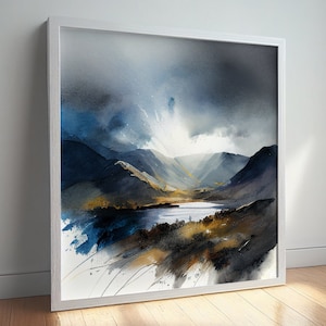 Lake District Abstract Landscape Watercolour Painting Large Wall Art Prints, Lake Extra Large Painting, Wall Art