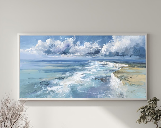 Birling Gap Cliffs Impressionist Blue Living Room Wall Art | Coastal Canvas Print