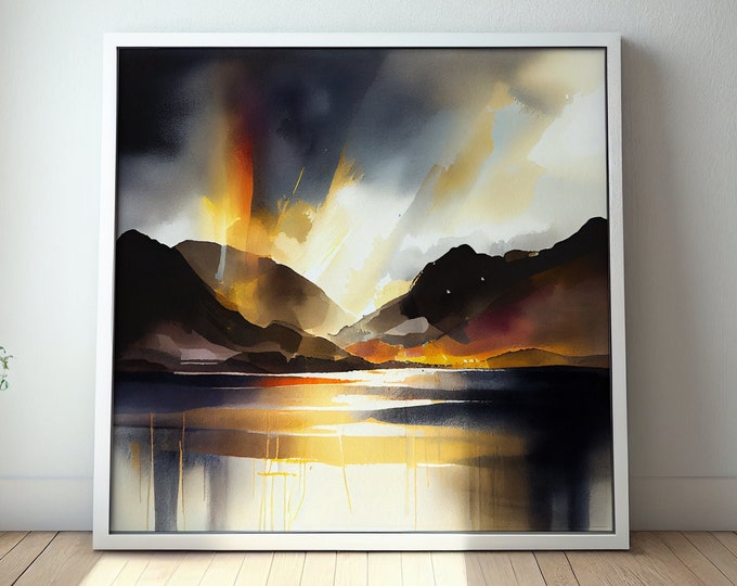 Lake District Abstract Landscape Watercolour Painting Large Wall Art Prints, Lake Extra Large Painting, Wall Art
