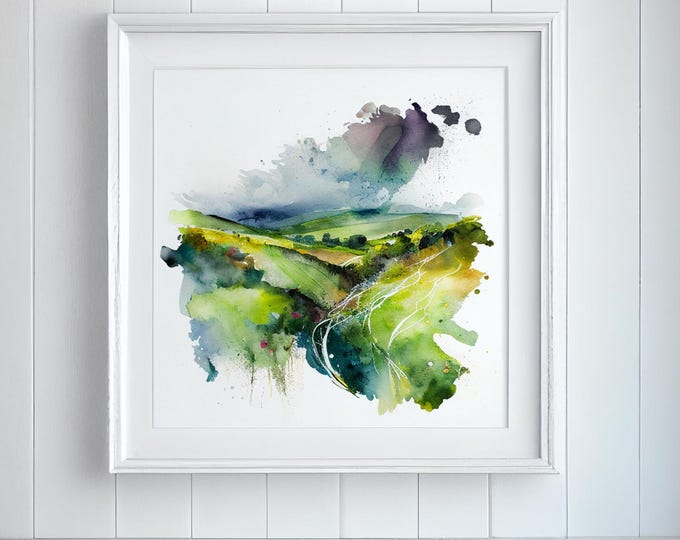 Southdowns Watercolour Landscape Print: Abstract Countryside Wall Art