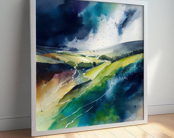 Abstract Landscape Watercolour Painting, Large Wall Art Prints, South Downs Countryside, Extra Large Painting, Wall Art