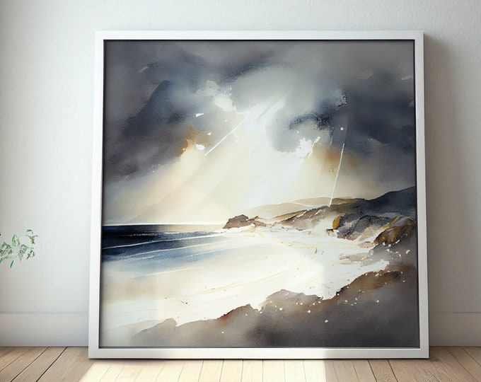 Abstract Seascape of a Cornwall Beach, Marloes Sands Watercolour Ocean Painting, Large Cornwall Abstract Sea Painting, Dramatic