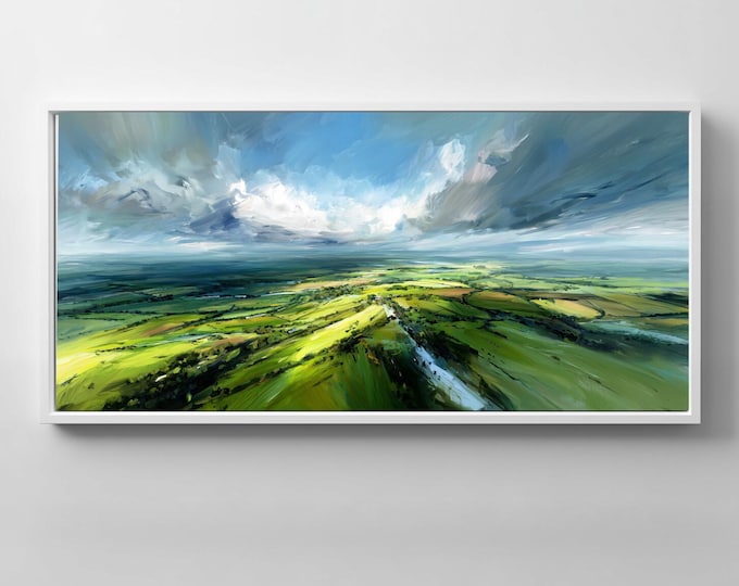 Southdowns From Above Impressionist Green Living Room Wall Art | Modern Canvas Home Decor