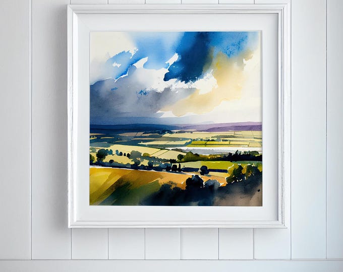 Cotswolds Print: Abstract Wall Art Landscape Watercolour Painting