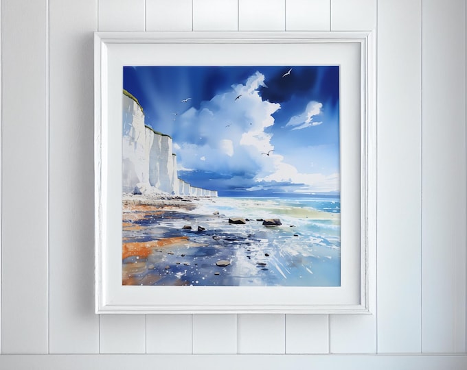 Birling Gap Beach Watercolor Painting: South Downs Landscape Print