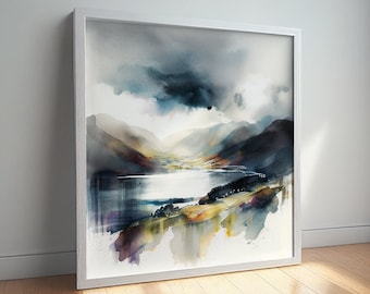 Lake District Abstract Landscape Watercolour Painting Large Wall Art Prints, Lake Extra Large Painting, Wall Art