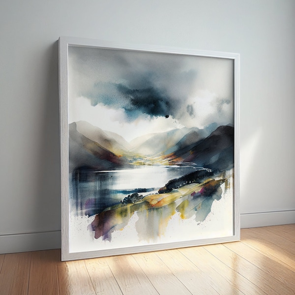 Lake District Abstract Landscape Watercolour Painting Large Wall Art Prints, Lake Extra Large Painting, Wall Art