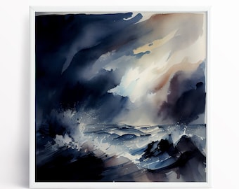 Abstract Seascape Watercolour Print: Dramatic Ocean Painting