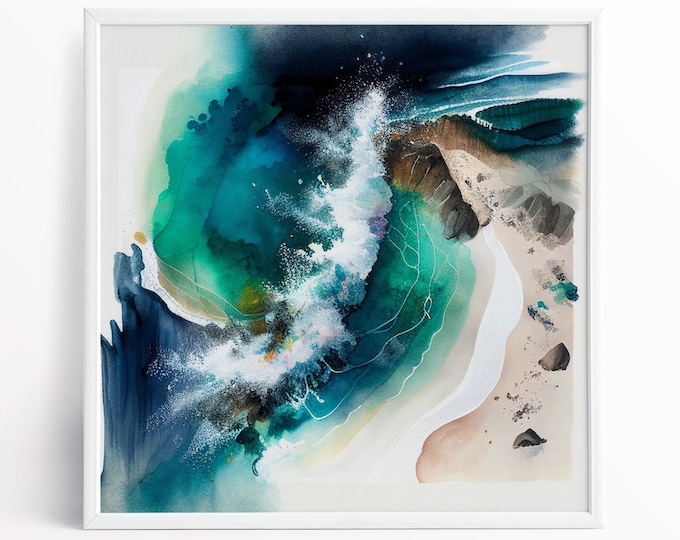Cornwall Beach Abstract Landscape Seascape Print of the Cornish Coastline.  Watercolour Painting of the Sea
