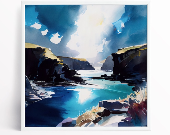 Abereiddy Pembrokeshire Coast National Park Abstract Landscape Watercolour Painting Large Wall Art Prints, Lake Extra Large Prints