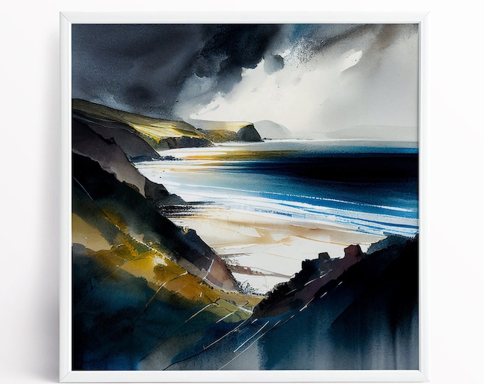 Pembrokeshire Coast Watercolor Painting: Abstract Landscape Art Print