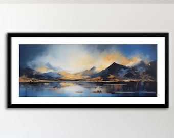 Scottish Highlands Panoramic Print: Abstract Landscape Painting, Lake Wall Art