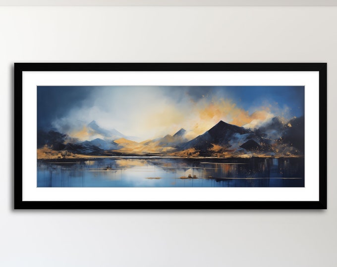 Scottish Abstract Landscape Panoramic Painting of the Highlands - Large Panoramic Wall Art Prints, Lake Extra Large Painting, Wall Art