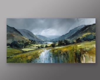 Grassmere Lake District impressionistische blauwe tinten landschap muurkunst woonkamer