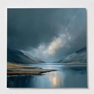 May include: An oil painting of a tranquil landscape with a lake reflecting the sky. The artwork features a dramatic sky with dark clouds and a hint of sunlight. Mountains frame the lake, with muted colours of blue, grey, and brown.