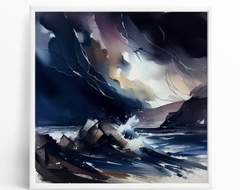 Abstract Seascape Watercolour Painting: Dramatic Ocean Print