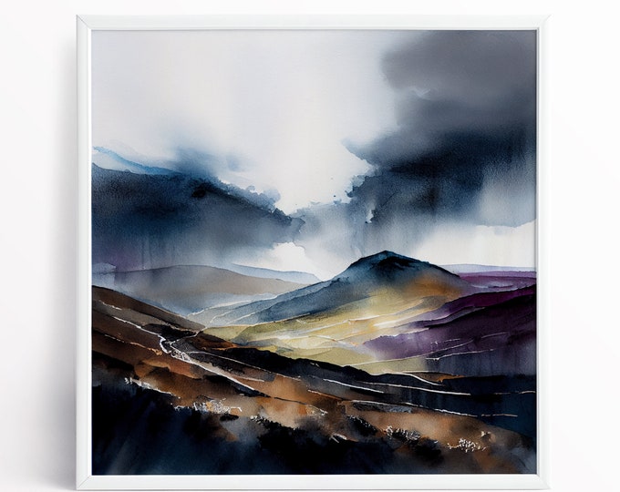 Peak District Abstract Landscape Watercolour Print,  Extra Large Painting, Peak District Canvas Wall Art