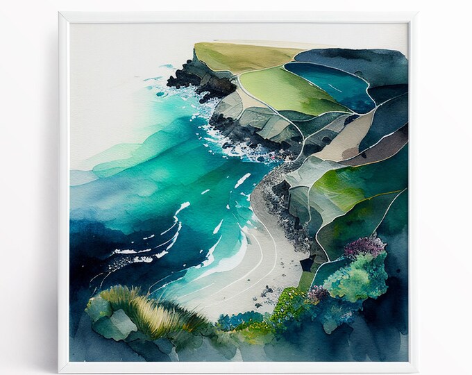 Cornwall Coast Seascape: Abstract Watercolor Painting