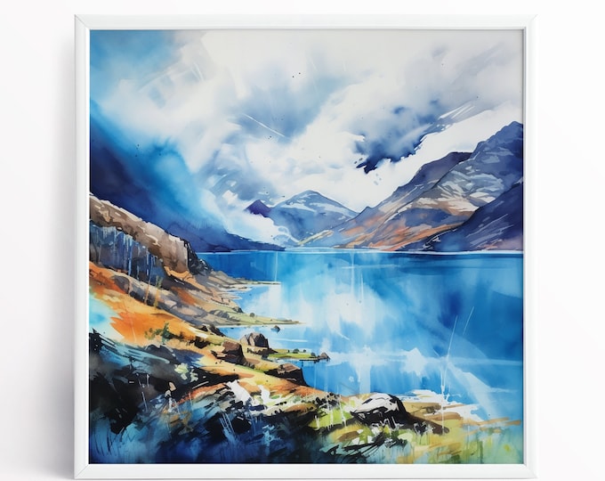 Lake District Landscape Abstract Watercolour Painting Large Wall Art Prints, Lake Extra Large Painting, Wall Art