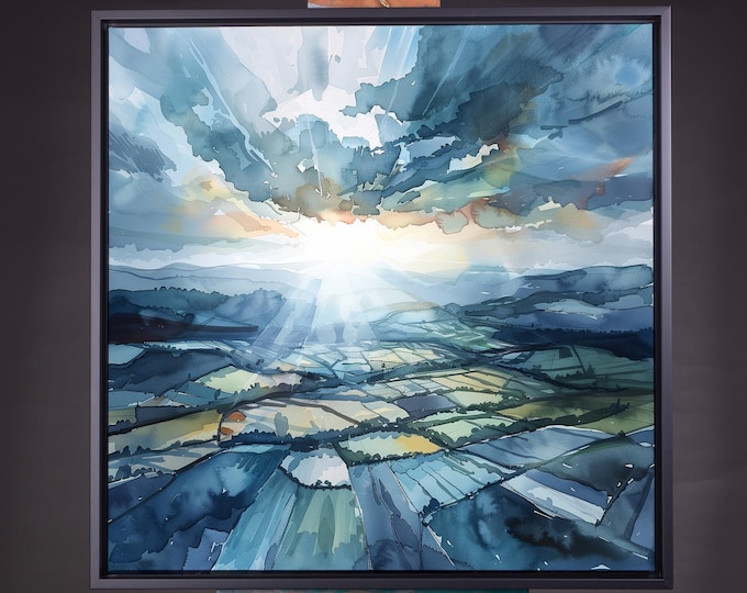 South Downs Fields and Hedges Abstract Landscape Watercolour Paper Print or canvas of the Southdowns National Park
